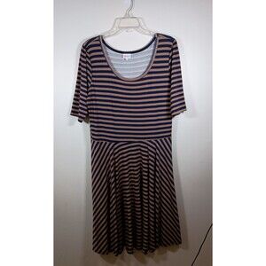 Lularoe Scoop Pockets Navy Tan Striped Elbow Sleeves A Line Dress Plus Size 2XL